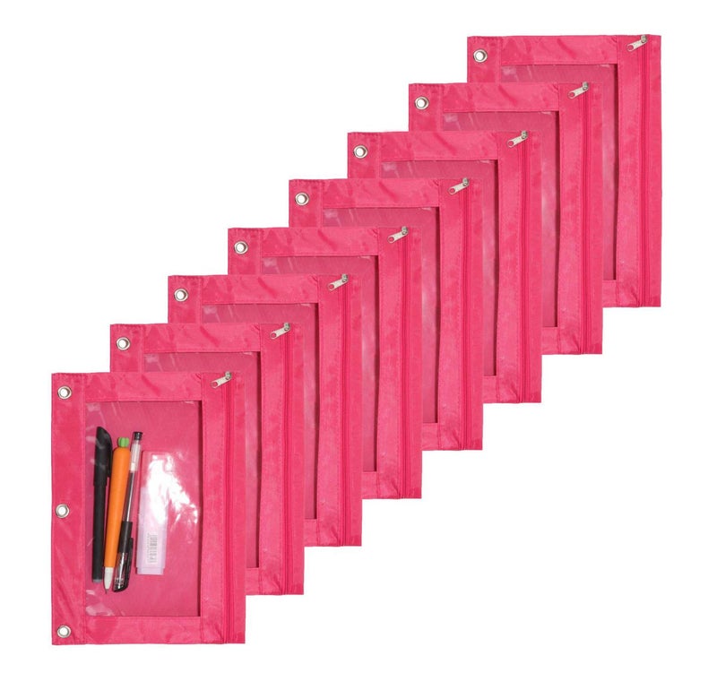 SdeFe Zippered Pen Pencil Binder Pouch 3 Rings with Clear Window for School Classroom Organizers 8 Pcs (Rose red) - Image 1